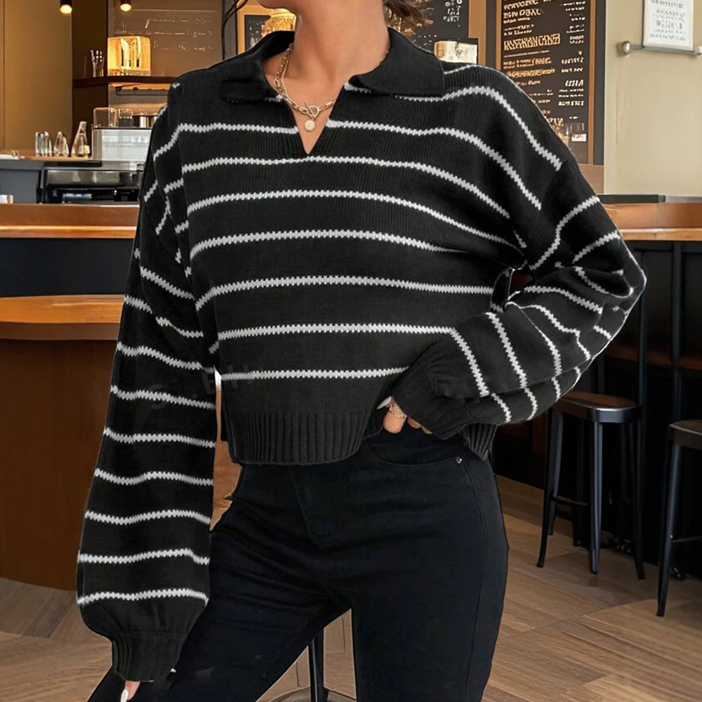 

Women's Temperament Lapel Stripe Knitwear Top Loose Fit Style European And American Inspired New Arrival