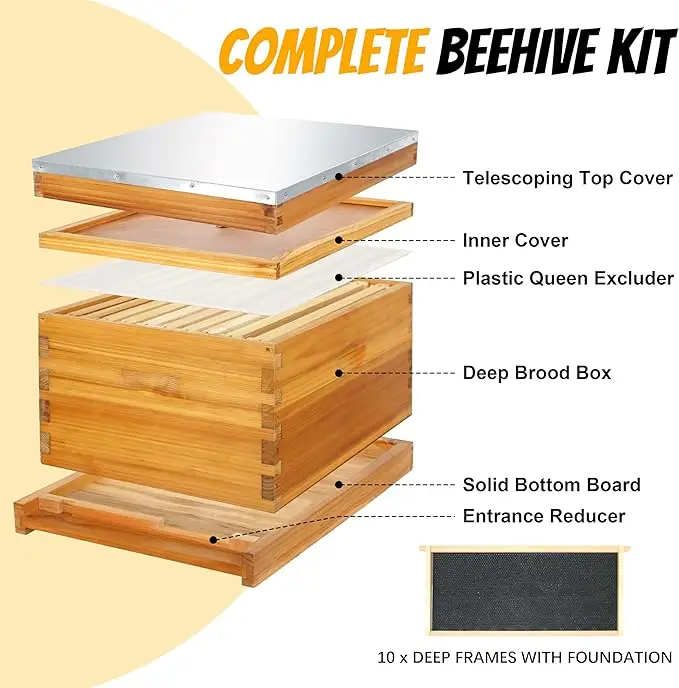 10 Frame Bee Hive Starter Kit and Beekeeping Supplies, Beeswax Coated Bee Hives Boxes Starter Kit