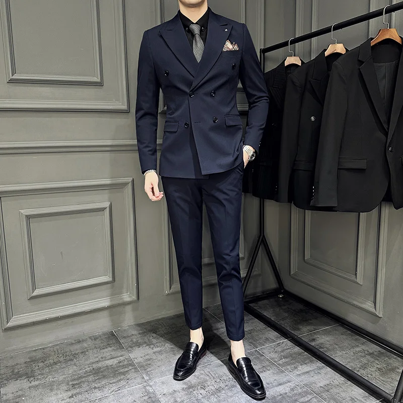 (Jacket+Vest+Pants)Men Spring High Quality Double-breasted Suits/Male Slim Fit Groom\'s Wedding Dress Fashion Three-piece Set