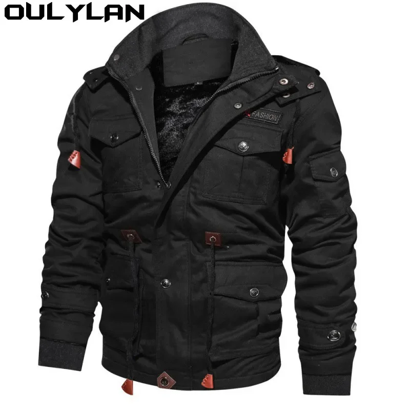 Oulylan Thickened Hooded Men Jackets Plush Zipper Warm Solid Color Cotton Medium Long Work Clothes Male Bomber Tactical Coats