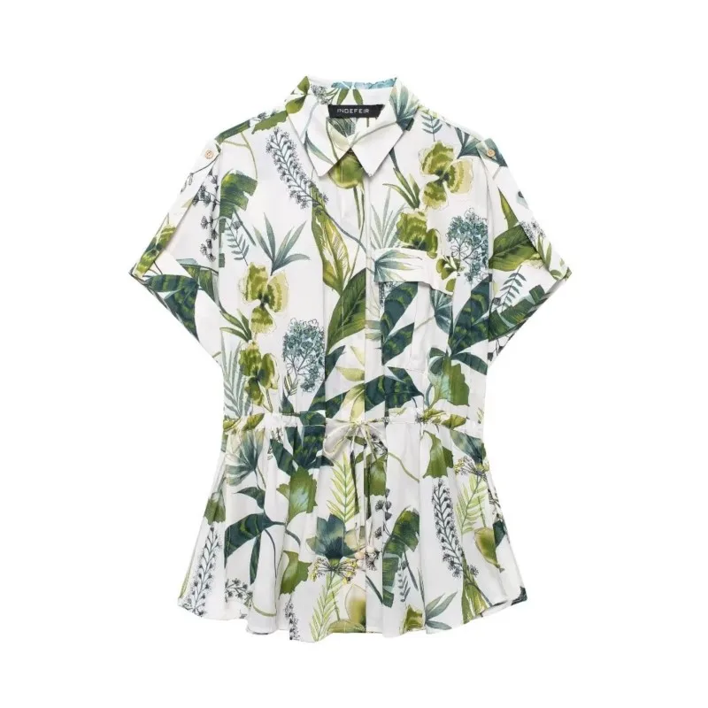 

Printed lace up shirt for women Summer Loose Casual outdoors Forest Rural StyleTurn-down Collar Lightweight shirt