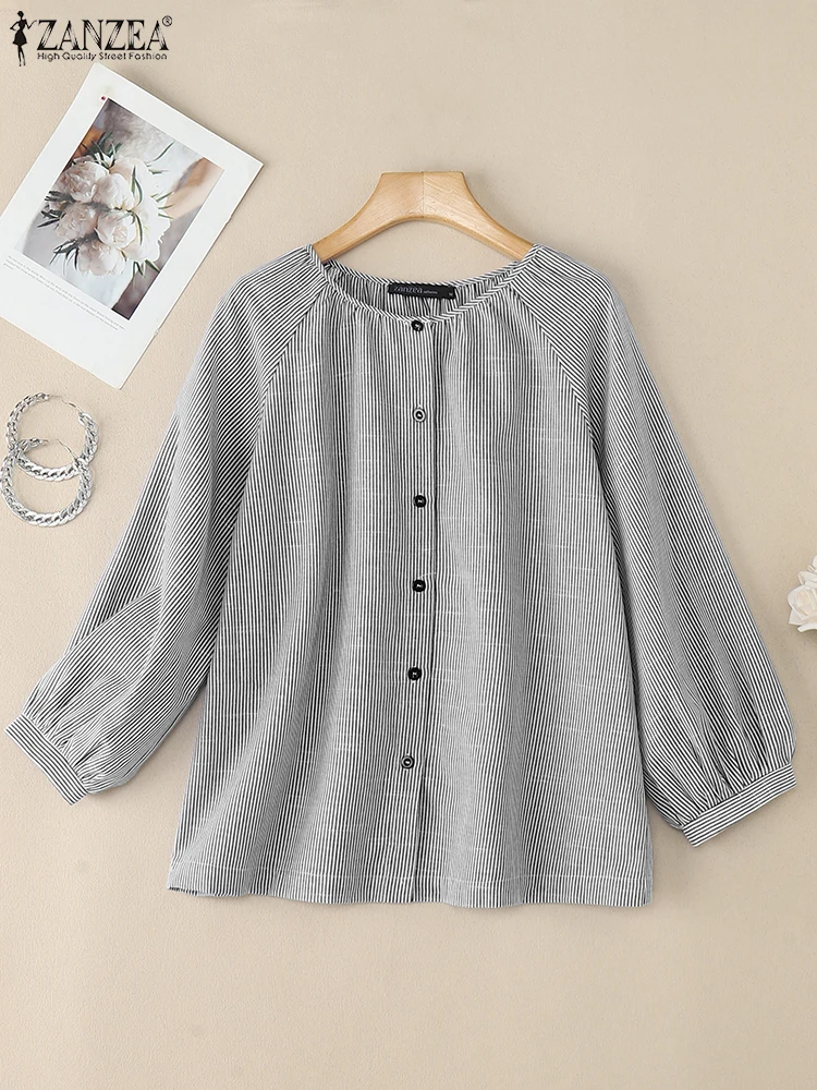2025 ZANZEA otoño camisas a rayas Tops de manga larga elegante mujer OL blusa de trabajo Casual botones hasta Blusas mujer Chemise de gran tamaño