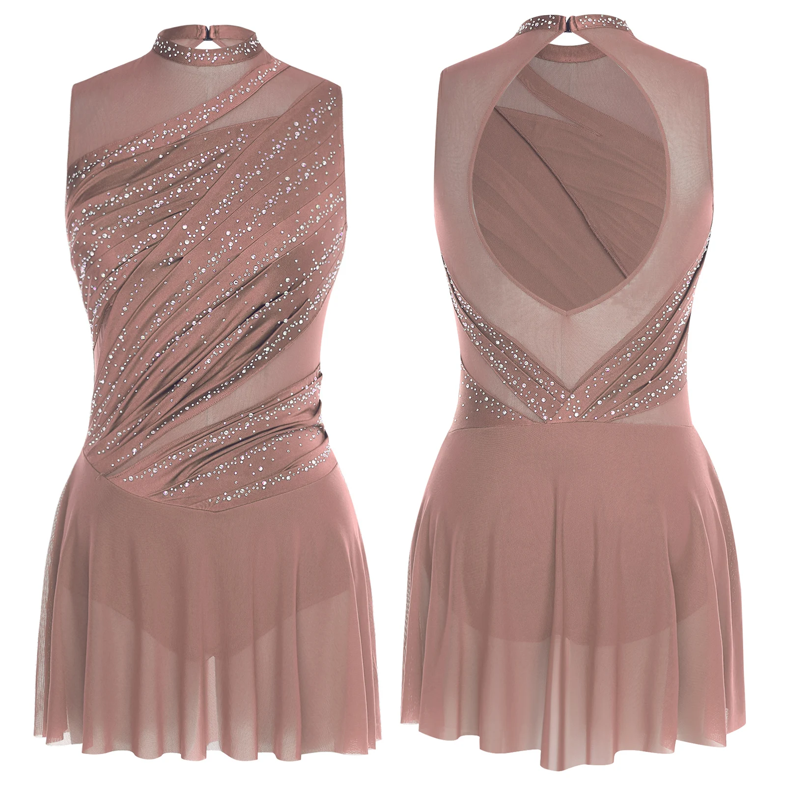 Robe de danse lyrique de ballet pour femmes, col rond, sans manches, froncée, strass, dos nu, pour compétition de spectacle sur scène