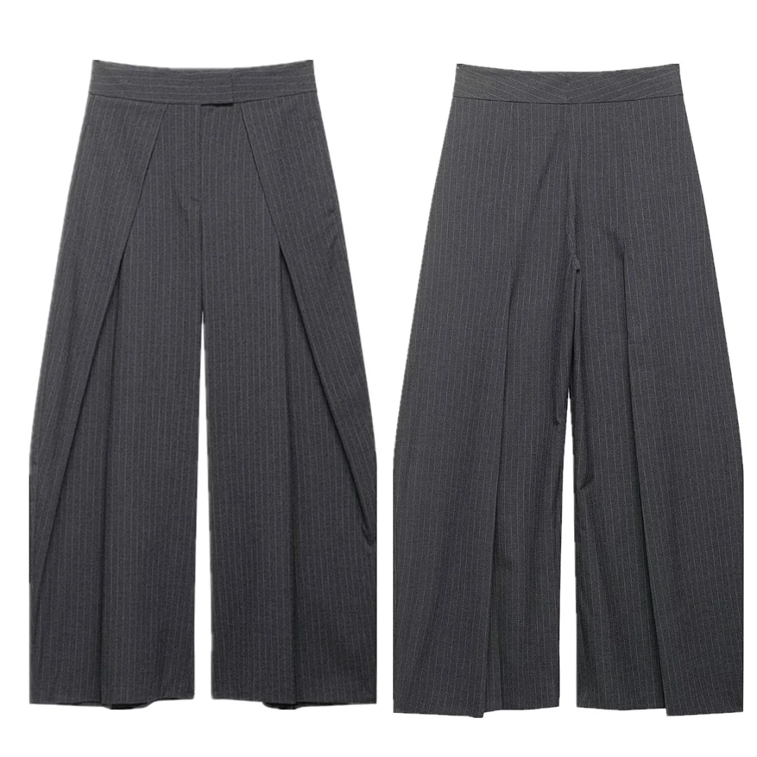 

MaxduttiFrench Minimalist Gray Striped Wide Leg Pants High Waisted Boyfriend Style Casual Pants Woman Clothes Women's Pants Trou