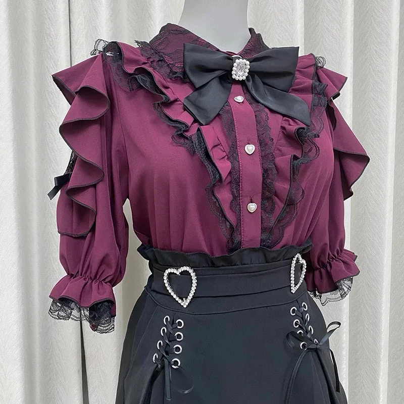 

Kawaii Women Shirts Jirai Kei Lolita Y2K Cute Japanese Style Blouse Elegant Long Sleeve Sweet Tops Casual Aesthetic Shirt 2024