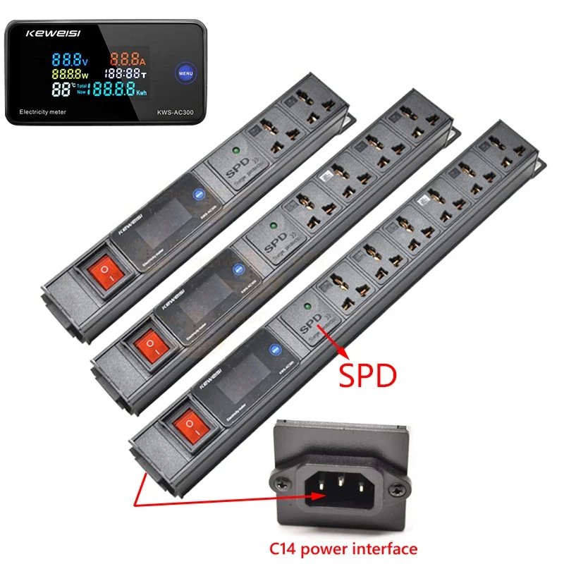 Network cabinet rack power strip, with surge protection C14 input universal socket LCD AC voltmeter, without extension cord