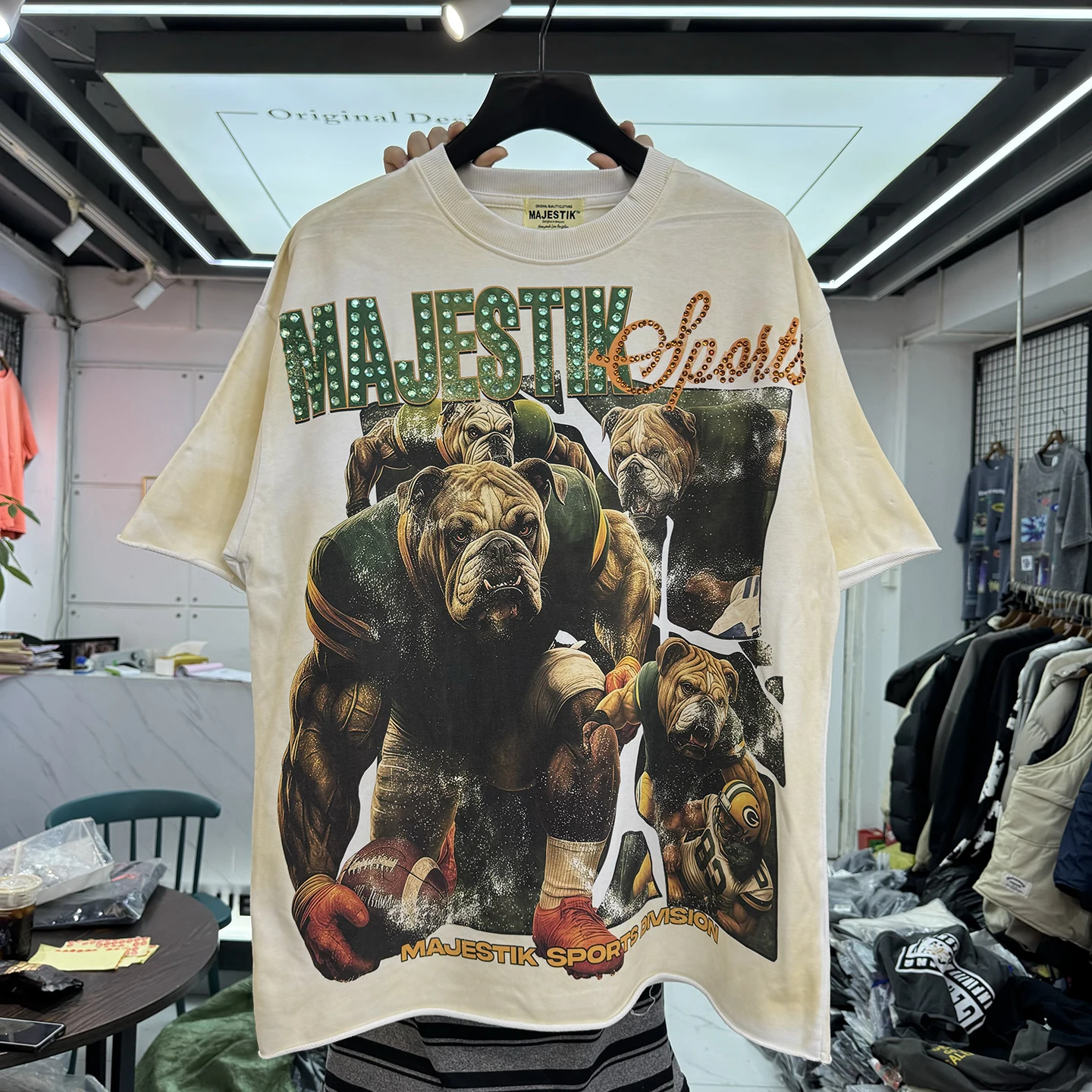 

Retro Vintage Dog Fighting Graphic Print Loose Fit round Neck Short Sleeve T-Shirt Glittering Diamond American Style Cotton S...