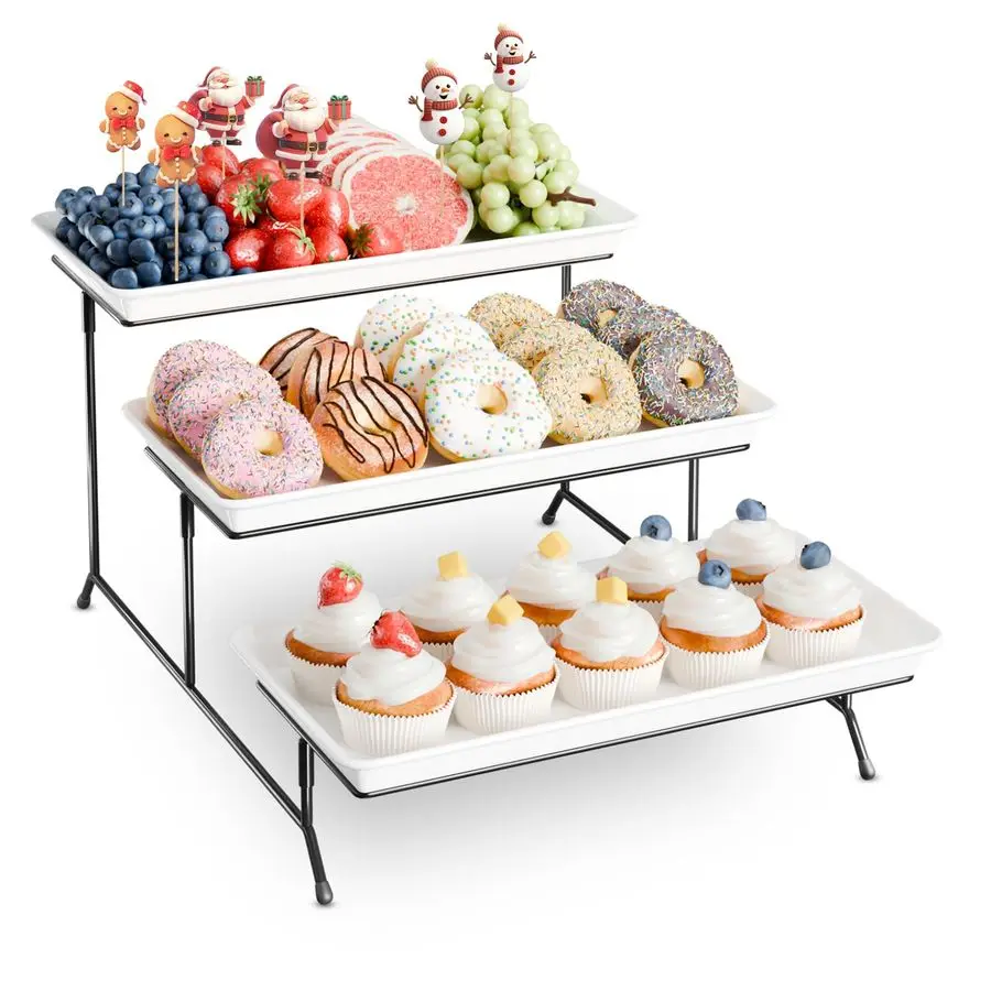 

Набор сервировочных подносов из меламина, 14x7 дюймов, белые многоразовые подносы для подачи еды с черной металлической подставкой для кексов, десертов