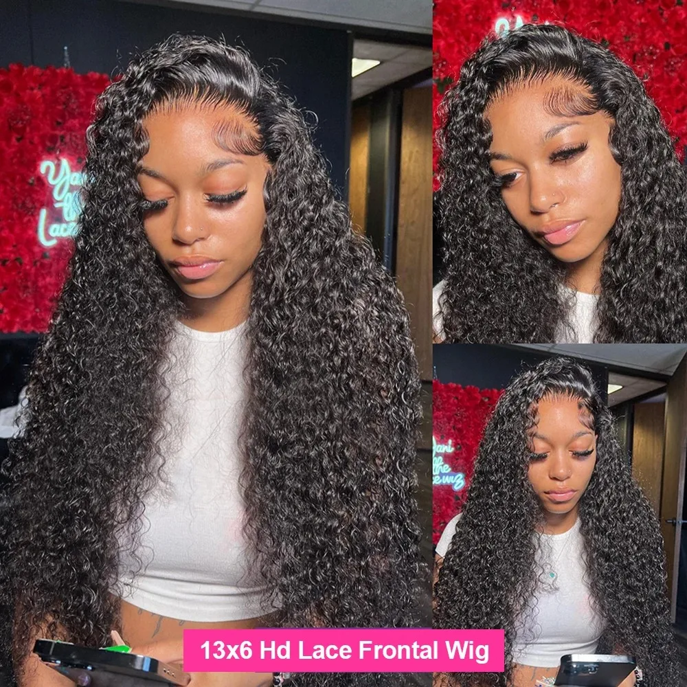 Onda de água Lace Front Perucas para Mulheres Negras, Pré Arrancadas com o Cabelo do Bebê, 13x6 HD Curly Cabelo Humano, Onda Profunda Frontal Perucas 13x4