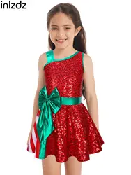 Kids Girls Christmas Dress Candy Cane Xmas Santa Shiny Sequin Ballet Dance Dress Leotard Jumpsuit Big Bow Hallowen Dance Costume