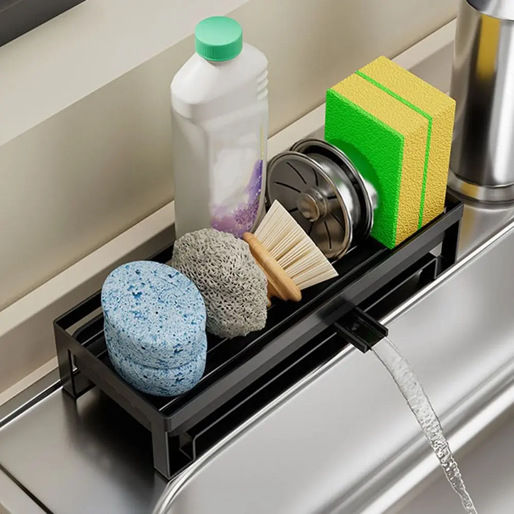 Stainless Steel Sink Drain Rack Black/Silver Waterproof Soap Sponge Holder Space Saving Self-Draining Cleaning Brush Organizer