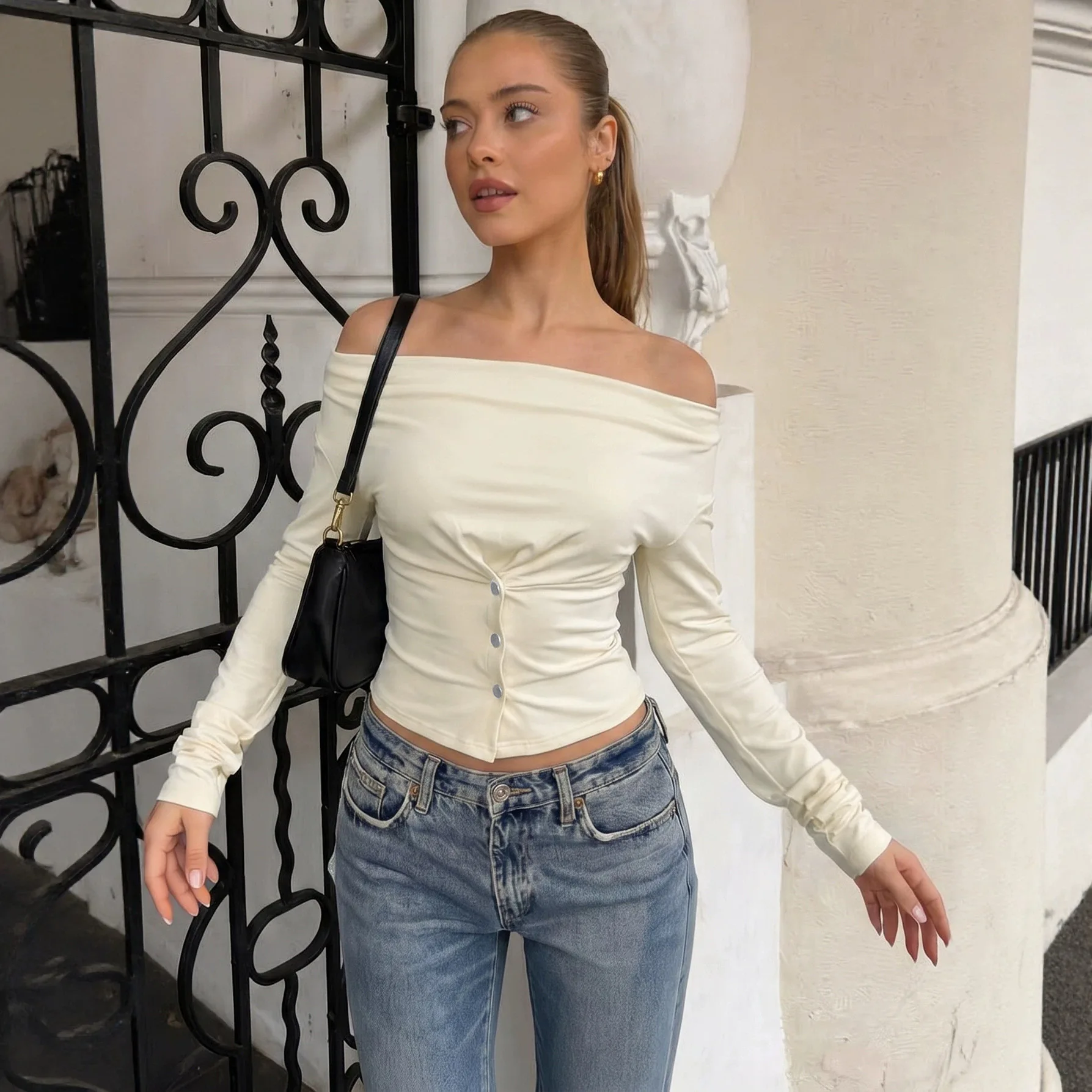 Women's 2026 Fashion Early Autumn Long Sleeve Slim Niche Design Button Waist Solid Color Top
