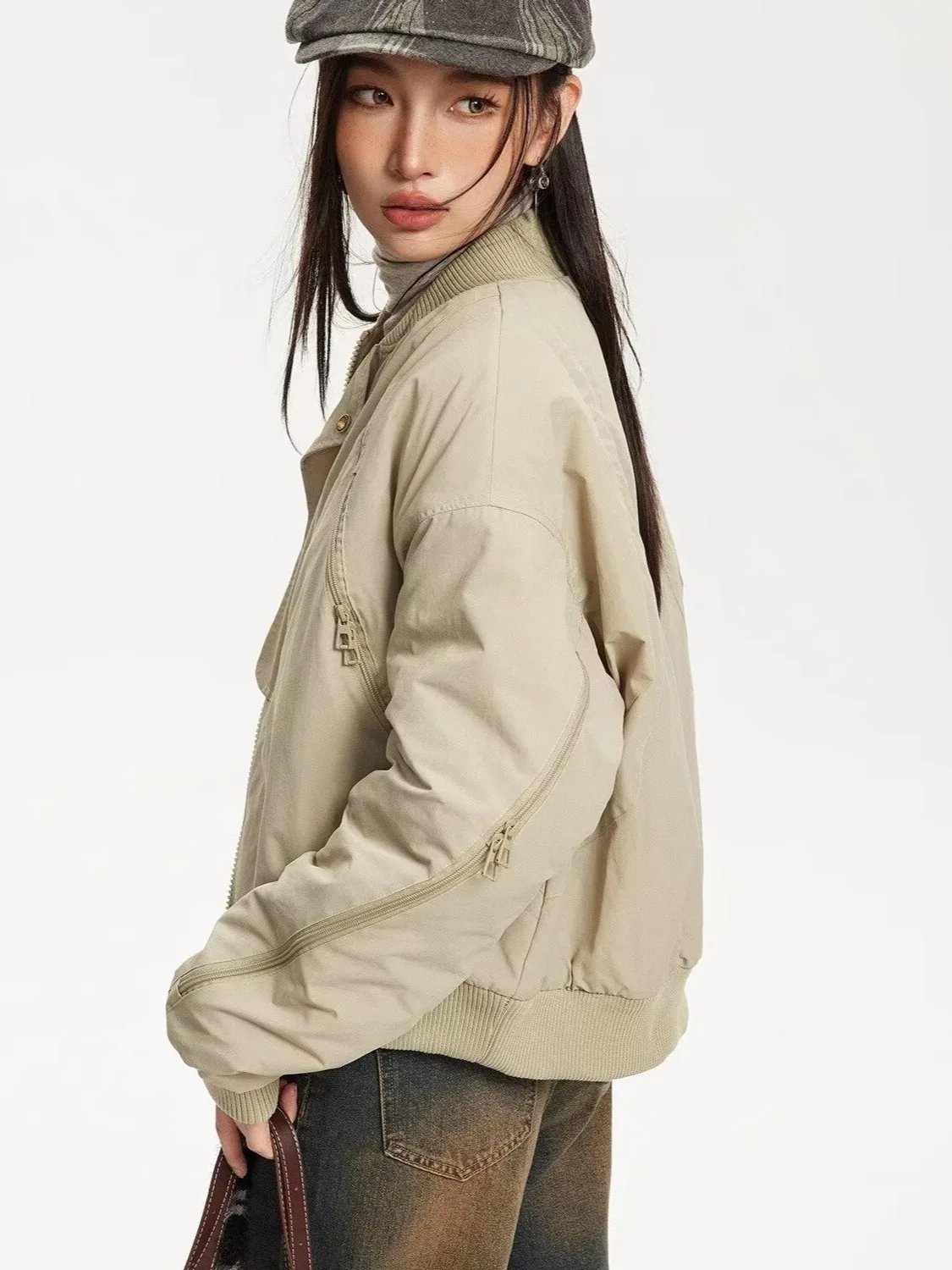 

Куртки-бомберы Женская куртка Темно-синяя осенняя куртка из искусственного меха со вставками на кнопках и милой вышивкой Женский художественный французский стиль для поездок на работу