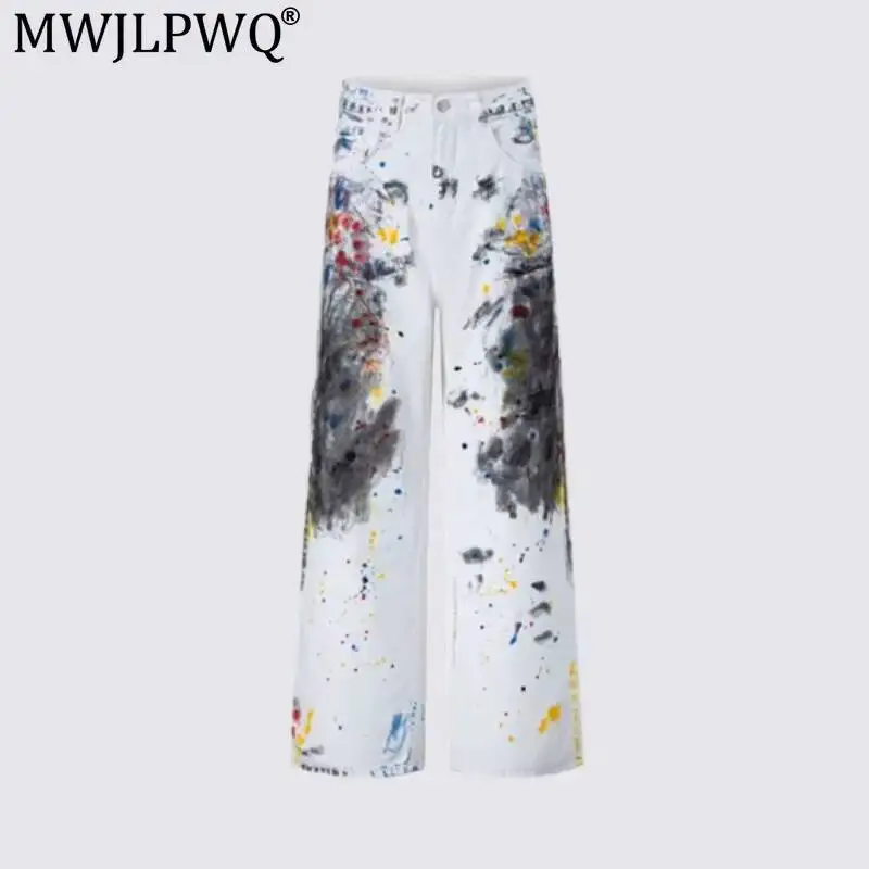 MWJLPWQ American High Street Art Graffiti Splatter Jeans Men's Hand-Painted Niched Design Wide-Leg Pants Unisex Autumn New 20264