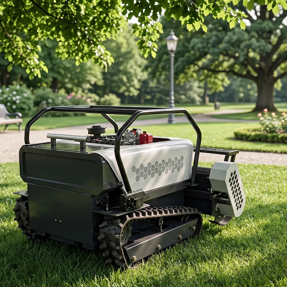 Remote   Lawn Mower with Dual-cylinder Engine for Cutting Shrubs on 55° Slopes with 27 Horsepower