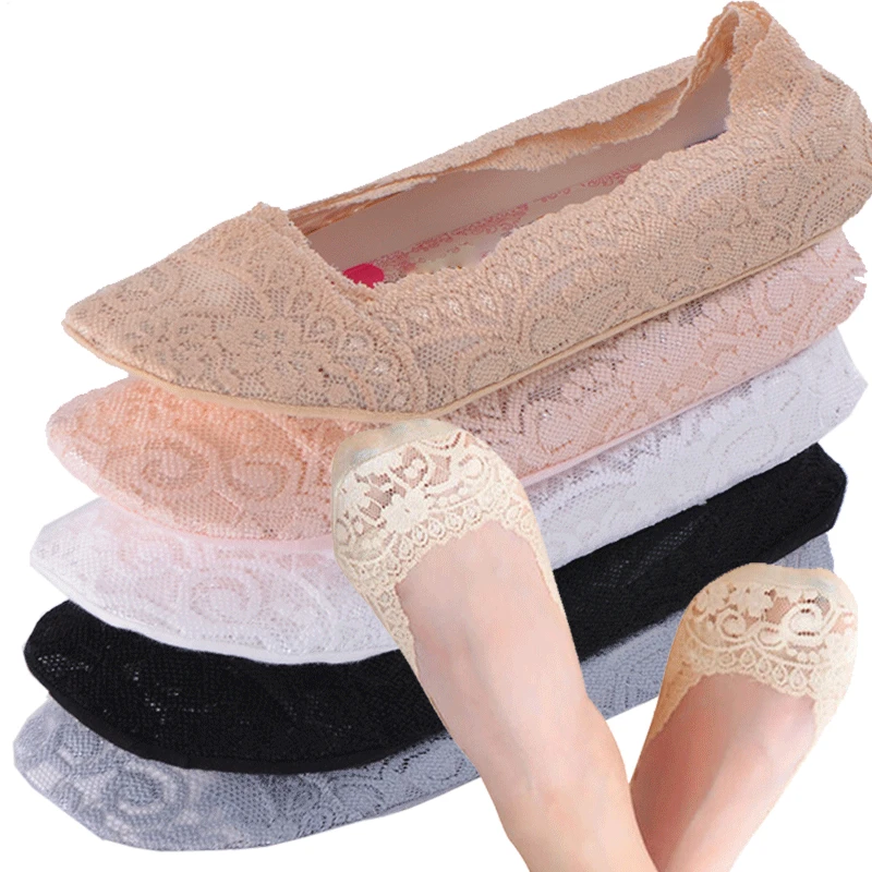 5 Pairs 5 colors Fashion Women Girls Summer Socks Style Lace Flower Short Sock Antiskid Invisible Ankle Socks New