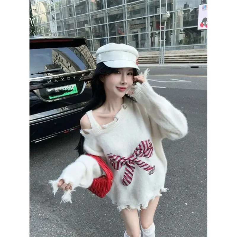 

Pullovers Women Bowknot Ins Y2K Sweet Vintage Knitted Korean Style Casual Sweater Hot Comfortable Oversize Straps Off-Shoulder
