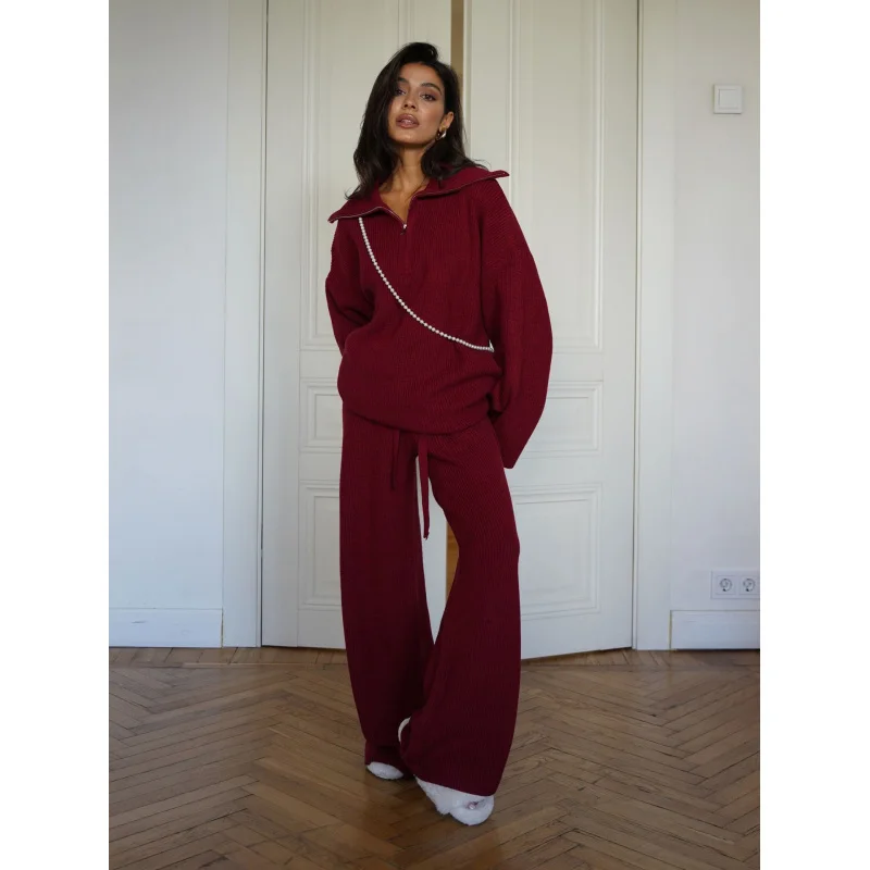 

2025Women's Woolen Suit Autumn and Winter New Outdoor Solid Color Half Zipper Sweater Straight-Leg Trousers Two-Piece Set