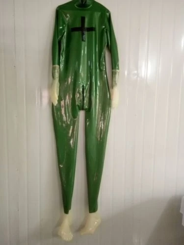 Latex Rubber Ganzanzug Catsuit Mode Masker Handschoenen Voeten Metalen Groen Pak Maat XS-XXL