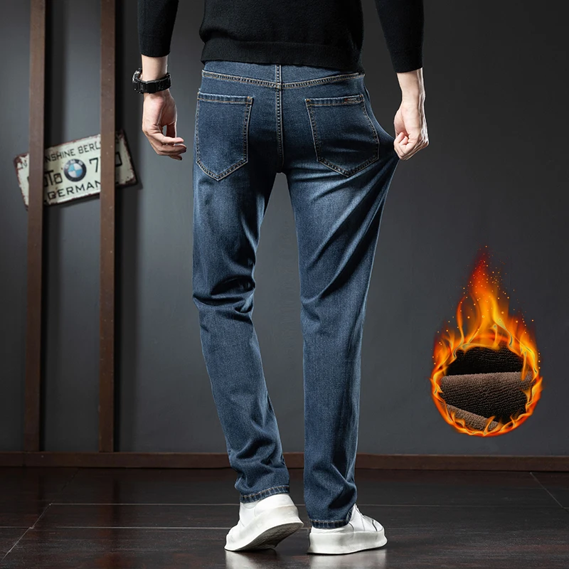 أزياء الشتاء الرجال الصوف الجينز تمتد سميكة الدافئة مريحة سراويل جينز عارضة المخملية الكلاسيكية الذكور الملابس السراويل
