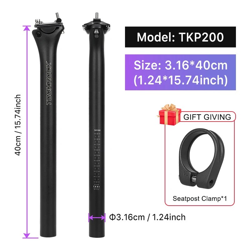 TOSEEK Carbon-Sattelstütze 27,2 31,6mm Länge 400mm Matt Schwarz MTB Rennrad Sattelstütze Fahrradteile MTB Carbon Kanu