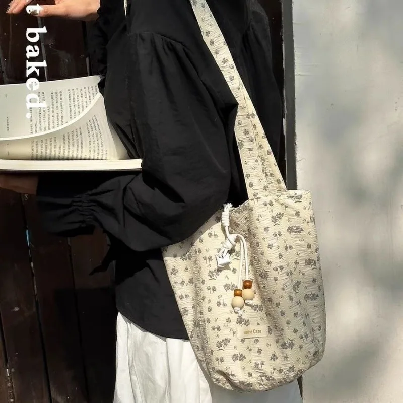 Shoulder Bag Large Capacity Cloth Bag Niche Personalized Fashion Tote Small Fresh Sweet Flower Printing Casual Trend All-match