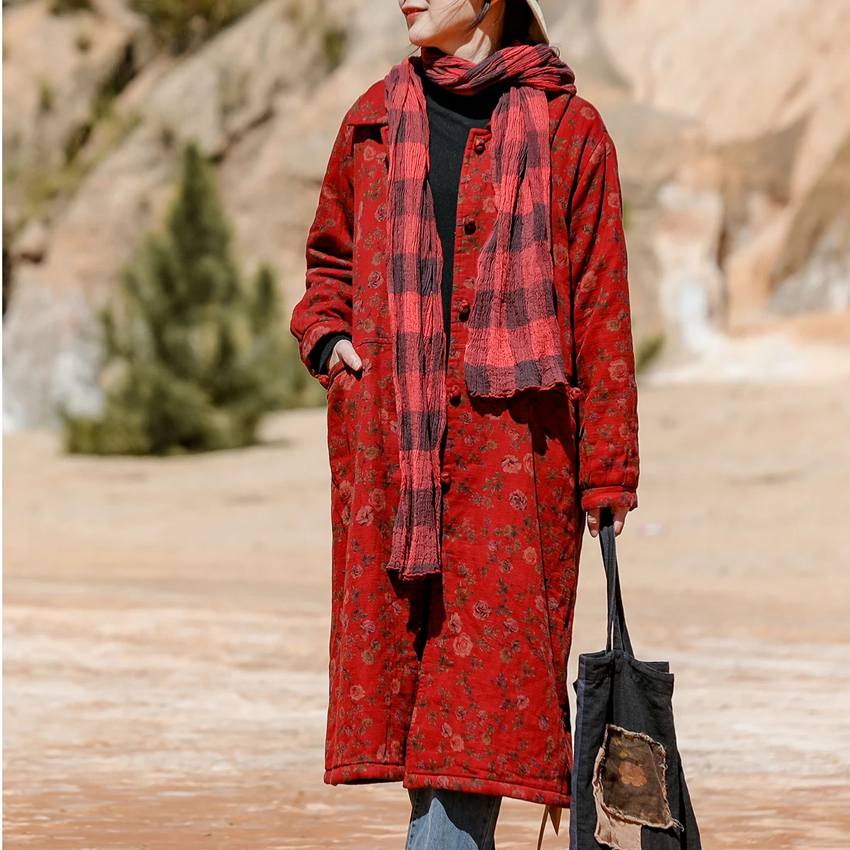 LZJN-Retro Floral Winter Coat for Women, New Chinese Style, Warm Lined Cotton Jacket with Print, Padded Jacket