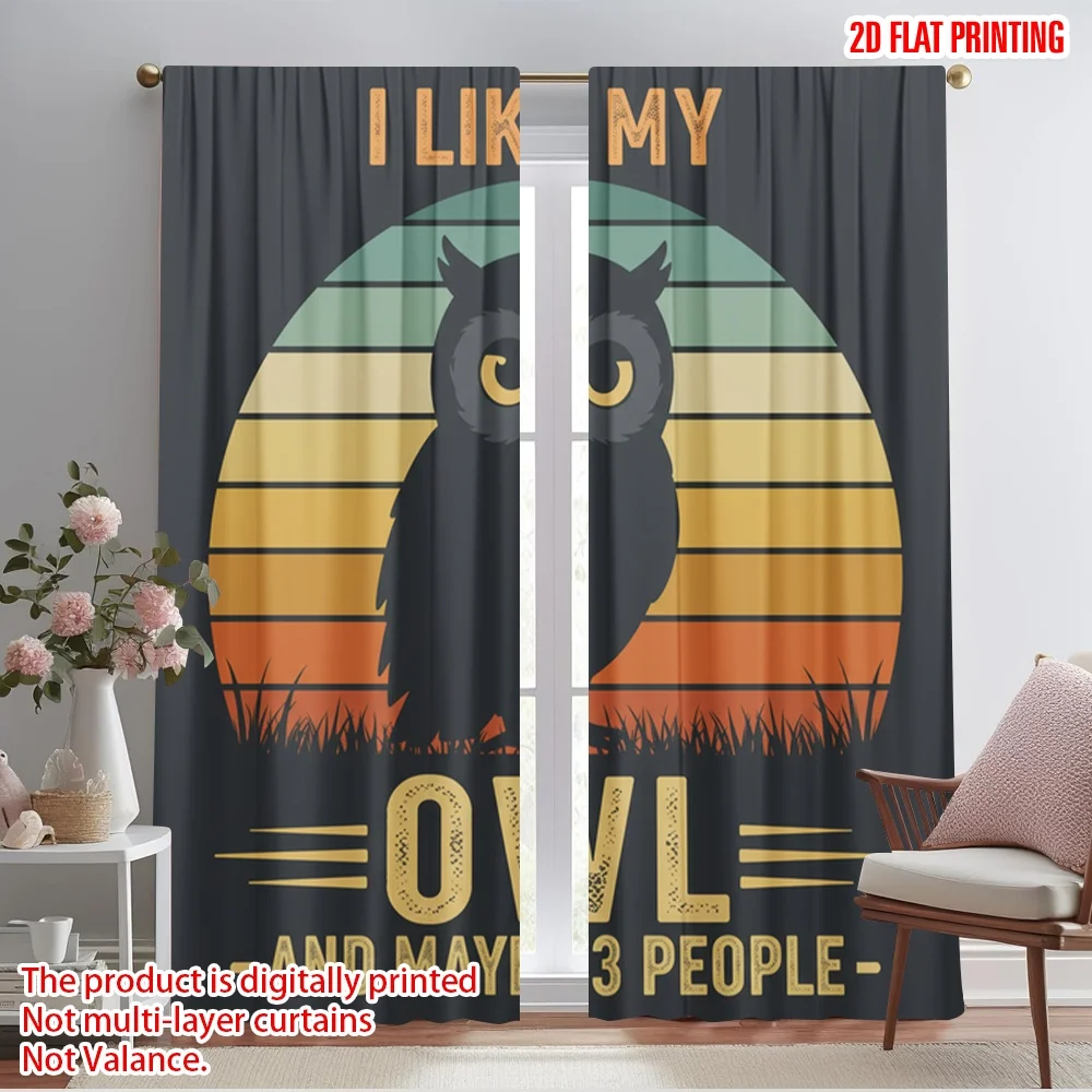 

2pcs 2D flat printing Window Curtains Owl Sunset Retro Vintage Polyester Without Electricity Holiday Decorations Use for