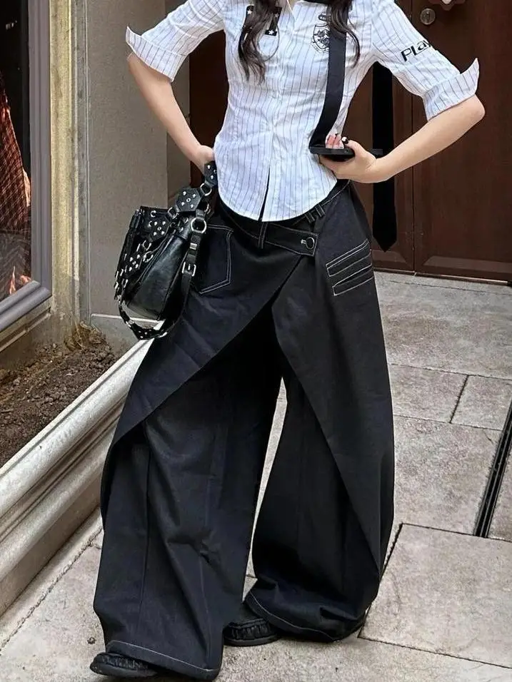 American Retro Plus Size Washed Fake Two-Piece Design Curved Knife Jeans Women'S Street Loose Wide Leg Pants