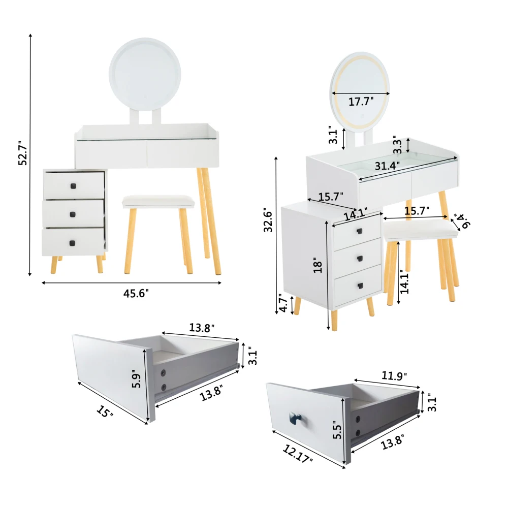 Dressing Table with LED Lights Glass Makeup Vanity Table with Side Table 5 Drawers with Mirror and Stool for Bedroom