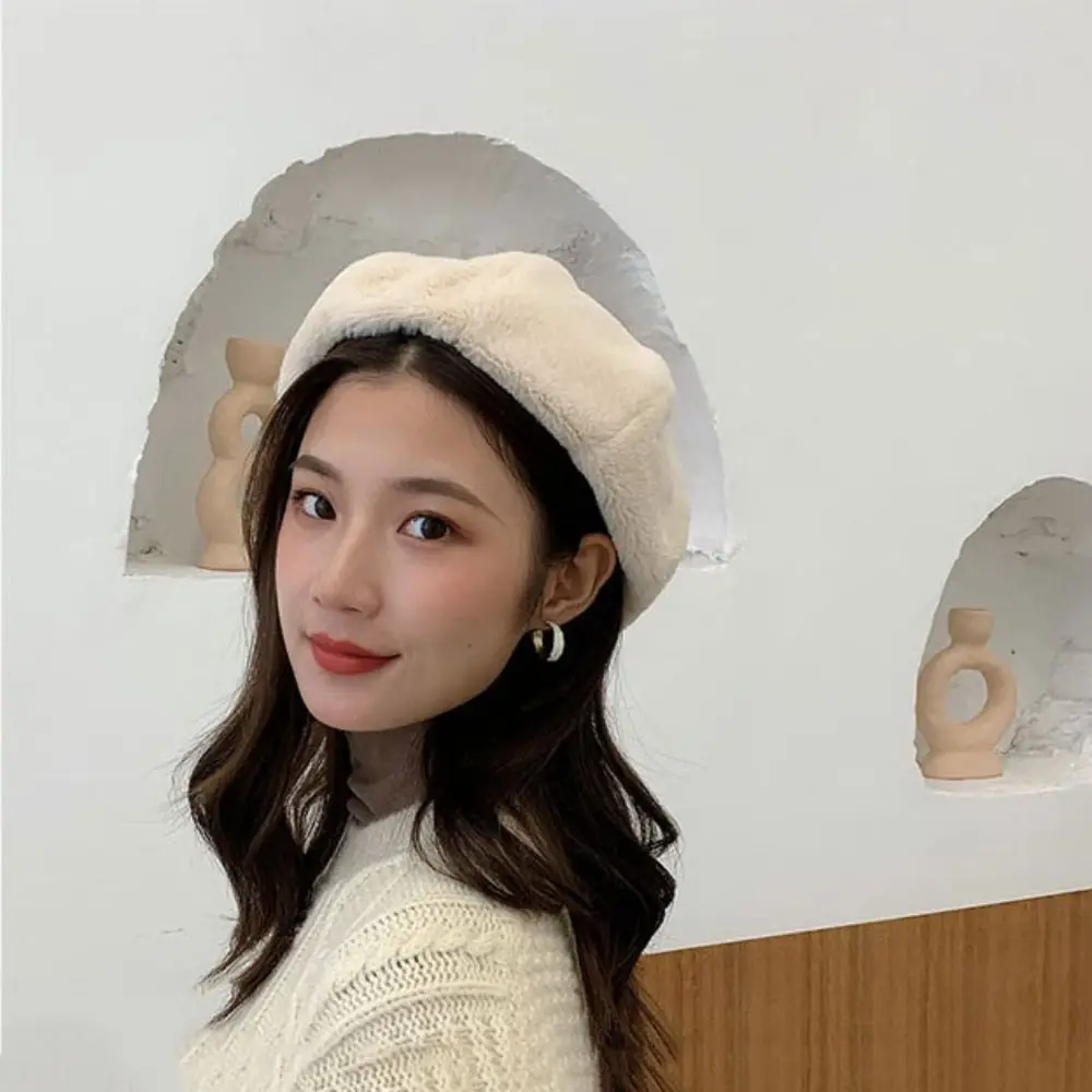 

Elegant Keep Warm Women Berets Solid Color Korean Style Painter Caps Plush British Beanie Hat Ladies