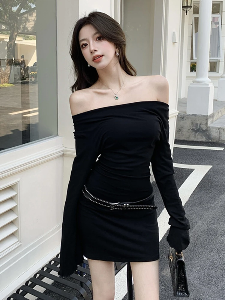 女性の服 Y2K セクシーな黒のスキニードレス シックなオフショルダー 長袖 ベルト ボディコン ショートガウン パーティー ベスティド カジュアル 春
