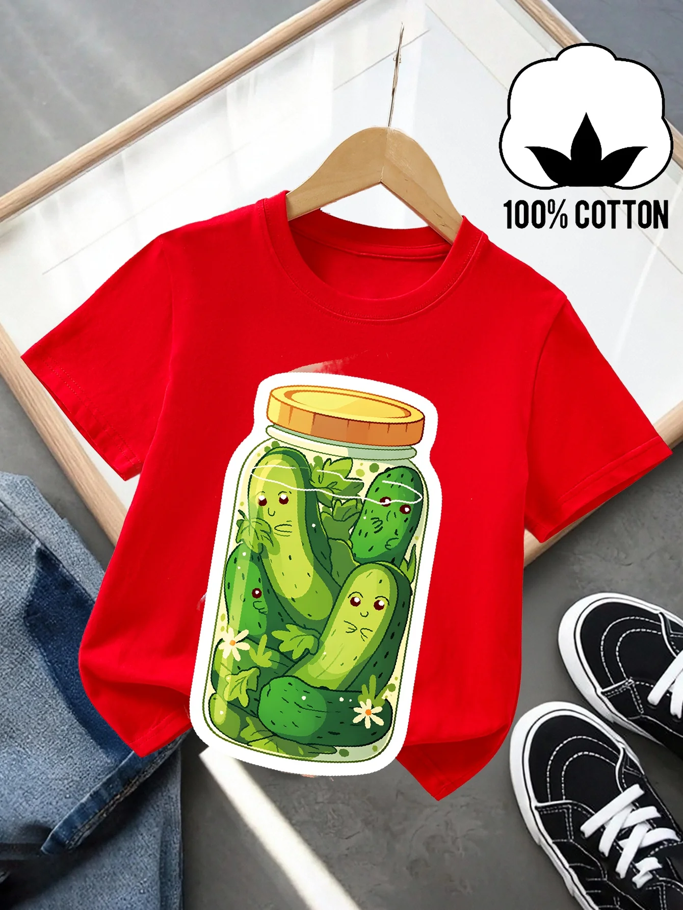 Cute Cucumber Canned Pattern Machine Washable Indoor and Outdoor Short Sleeved Soft and Comfortable Parent-child Printed Top