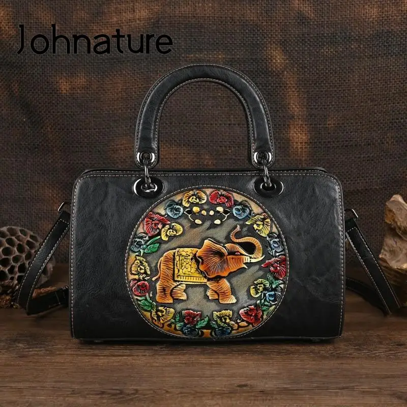 Johnature 2024 New Vintage Embossed Handbag Hand Painted Leather Women Bag Large Capacity Handmade Shoulder & Crossbody Bags