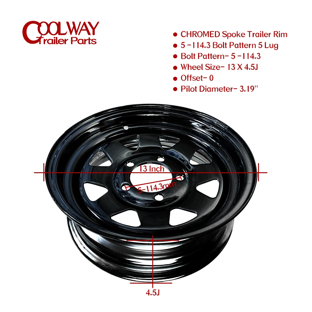 13 Inch X 4.5J Black Spoke Trailer Rim 5 -114.3 Car Bolt Pattern Caravan Boat RV Parts Accessories