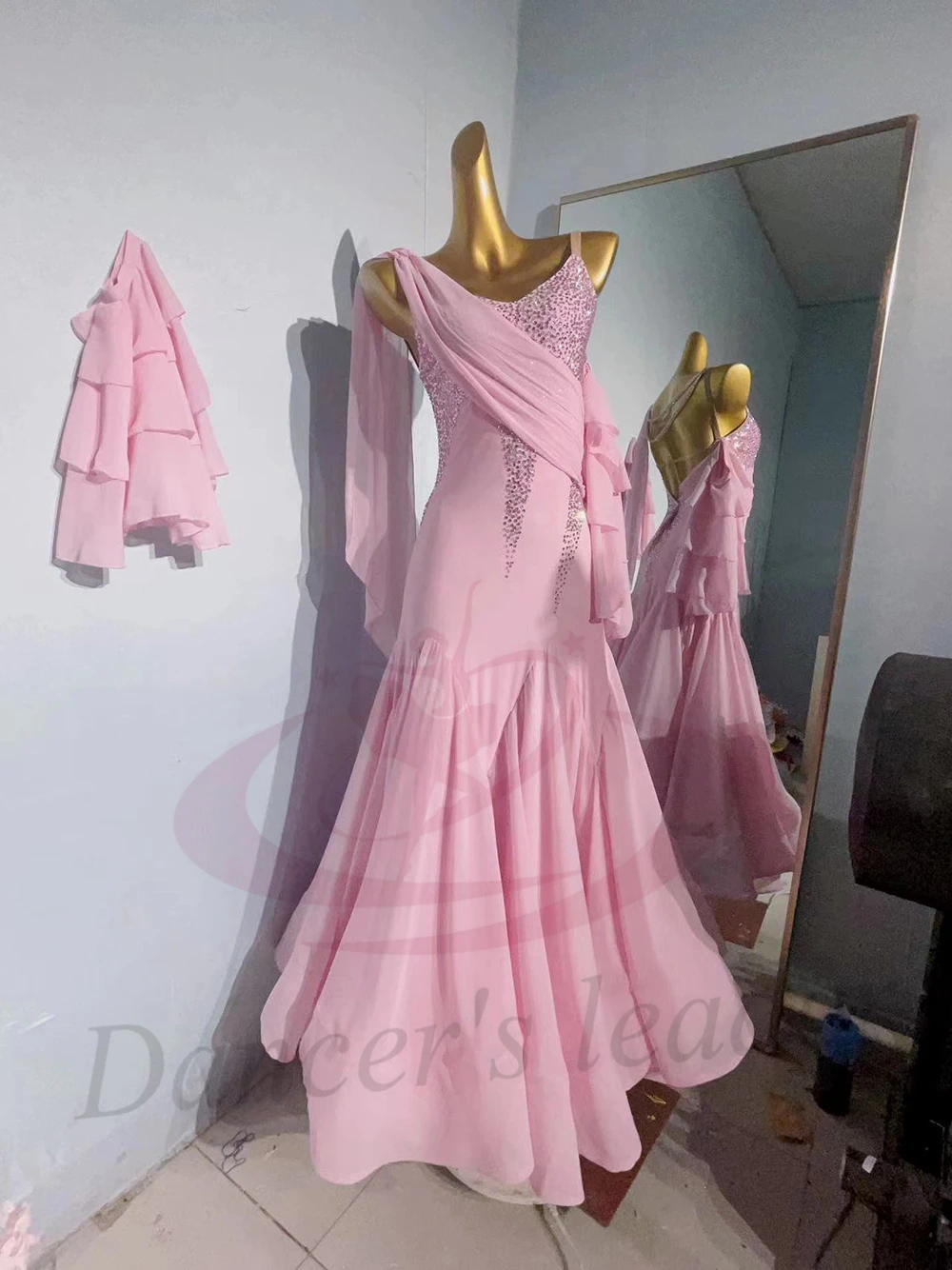 

Latin Dance Costume AB Stone Female Adult Children High end Customized Pink Cloak Modern Skirt Samba Performance Dress