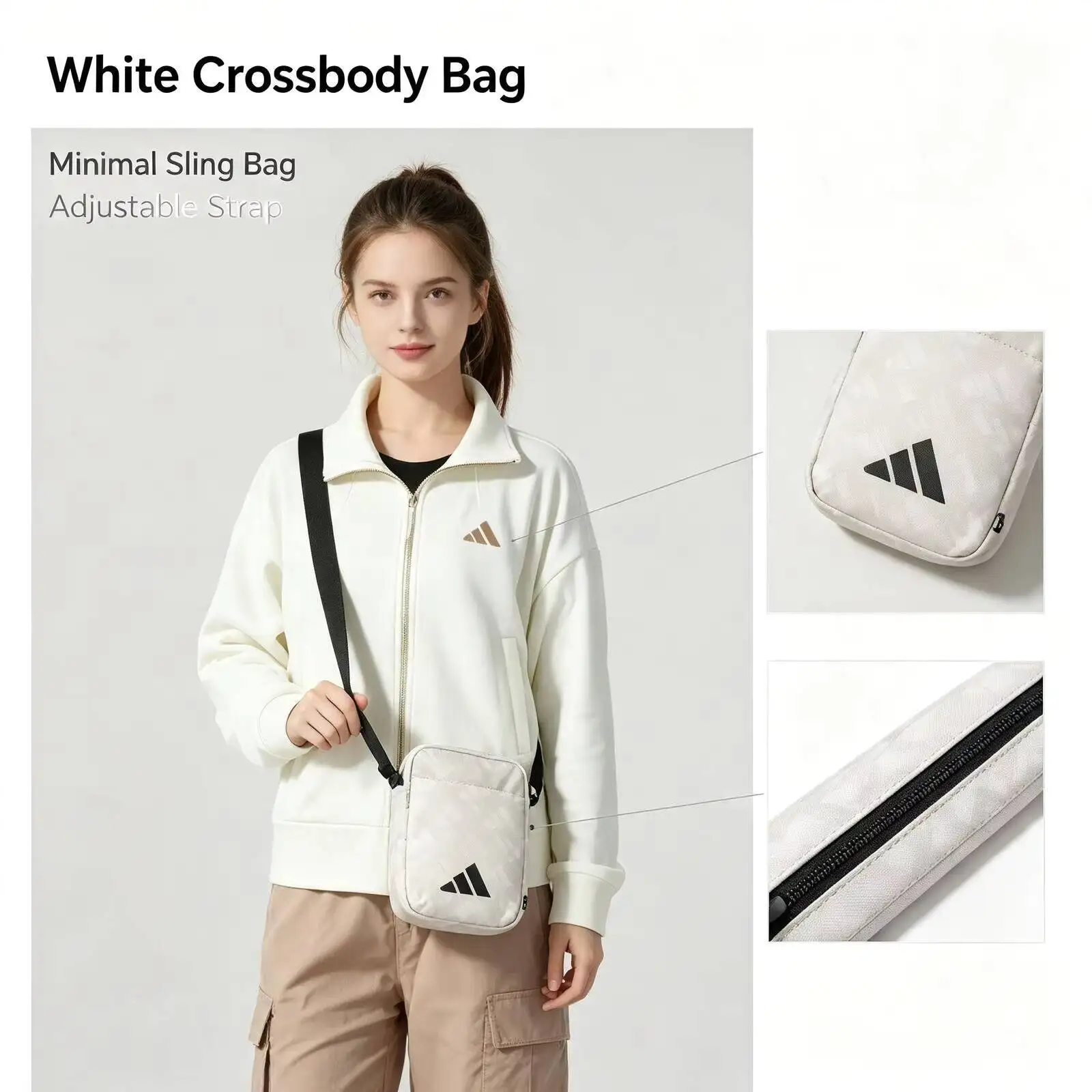 New Adidas White Crossbody Bag Women Minimal Sling Bag Adjustable Strap Lightweight Casual Daily Shoulder Bag Jg5871