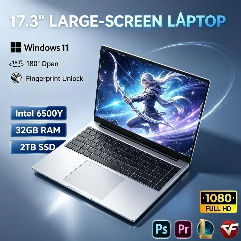 17.3 Inch Portable Notebook Windows 11 Intel 6500Y 32GB RAM 2TB SSD Fingerprint Unlock Laptop For Daily Use Picture Viewing