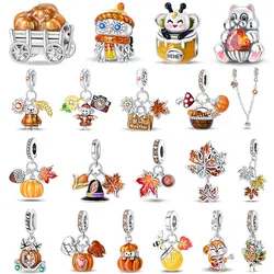 Autumn New 925 Silver Maple Forest Squirrel Pumpkin Car Charms Fit Pandora Original Bracelets DIY Jewelry Making For Women Gift