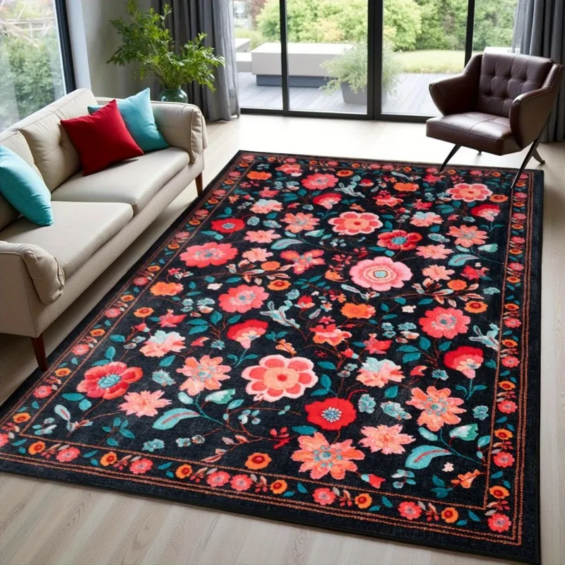 Bohemian Flannel Area Rug Black Base Vibrant Floral Pattern Soft Non Slip Washable Floor Carpet for Living Room Bedroom Decor