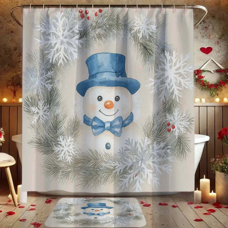 4Pcs Winter Snow Fun Bath Set – Shower Curtain, Non-Slip Mat, Toilet Cover, 12 Hooks, Snowman & Snowflake Holiday Decor