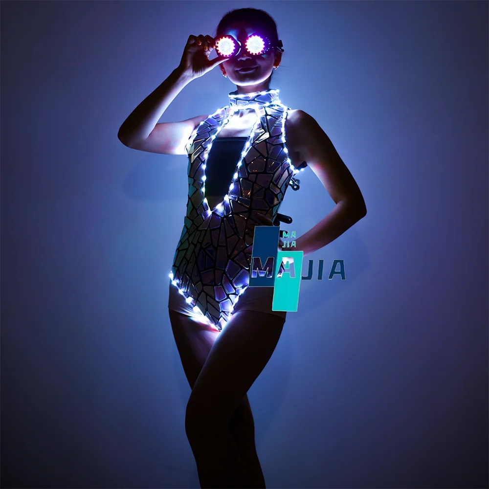 فساتين سهرات LED Women evening dresses party dresses Sleeveless Shiny Silver PU Nightclub Dress Bar Dj Gogo Dancer