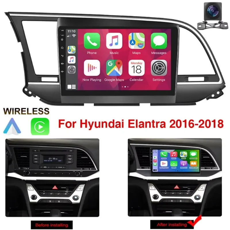 Для Hyundai Elantra 2015-2018 автомобильная стереосистема с беспроводным Carplay Android Auto 9-дюймовый радиоприемник с сенсорным экраном и GPS/WiFi/камерой резервного копирования