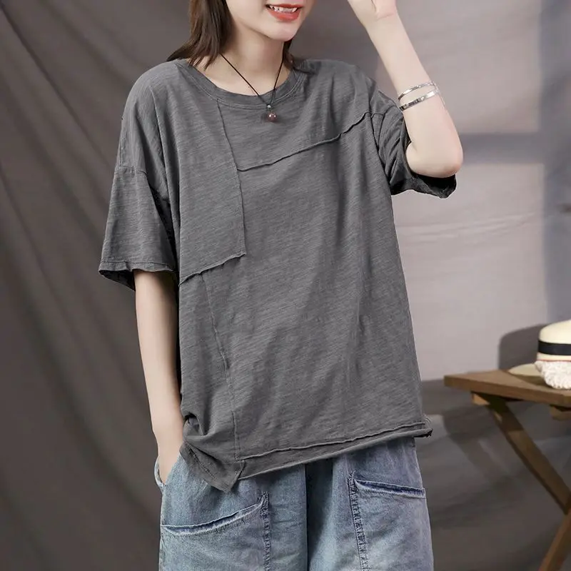

95% Cotton T Shirts Women Solid Color Patchwork Thin T-shirt Casual Loose Short Sleeve Comfortable Tops Summer Trend Tshirt Y2k