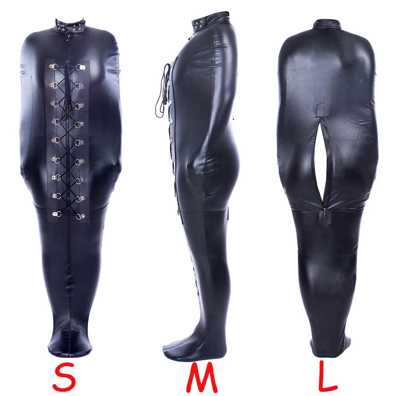 Bodysuit de couro Bondage com braços internos, envoltório completo sexy, bondage e saco de dormir mumificado