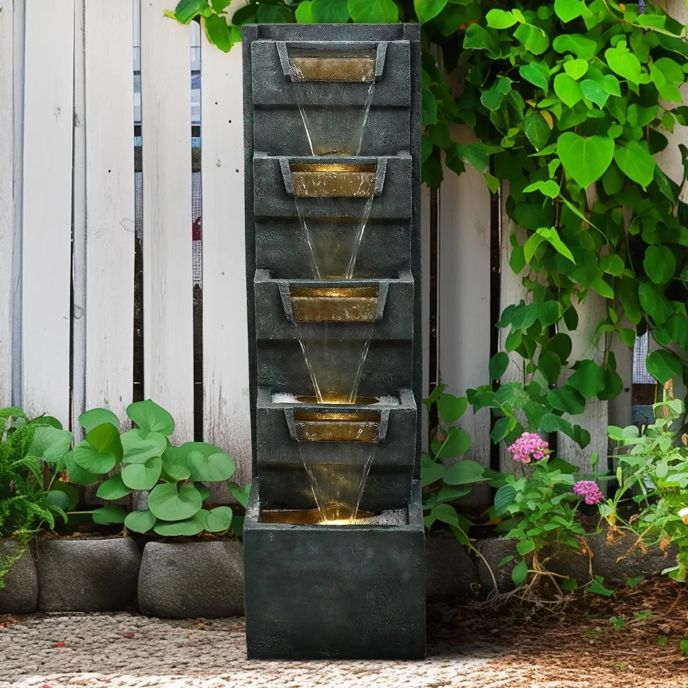 39.3" H Modern Water Fountain 5-Tier Outdoor Garden - Water Fountain w/LED Lights Cascading Waterfall Features for Home Garden B