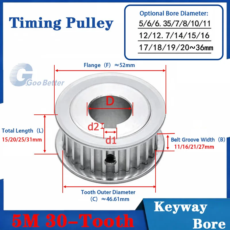 HTD 5M 30T Timing Pulley Keyway Bore 30Teeth 5M-30T Width Toothed 11/16/21/27mm Bore 5/6/7/8/10/11/12/14/15/16-36mm Timing  Belt