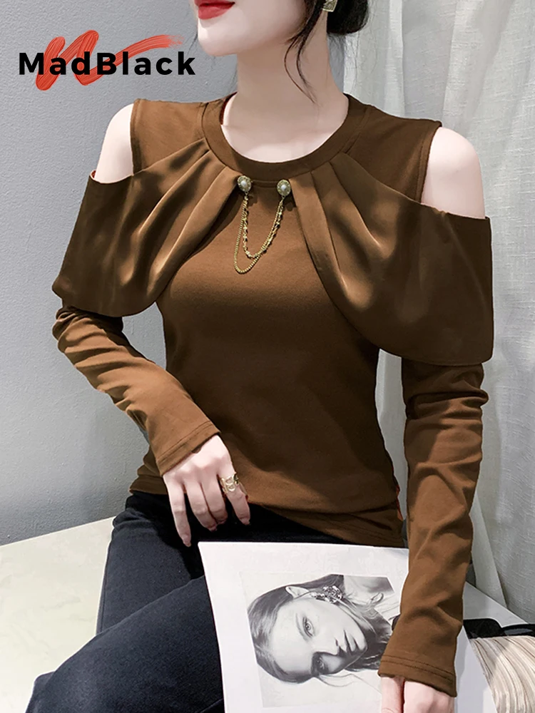 

MadBlack-Women European T-Shirt, Sexy O Neck Chain Patchwork, Streetwear Off Shoulder Slim M-3XL Tee, 2025 Autumn New T59244CC