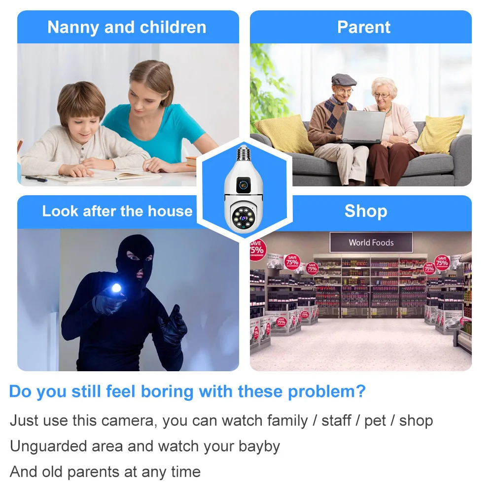 Wireless bulb type monitoring camera wifi panoramic rotating pan tilt home indoor night vision mobile phone surveillance camera