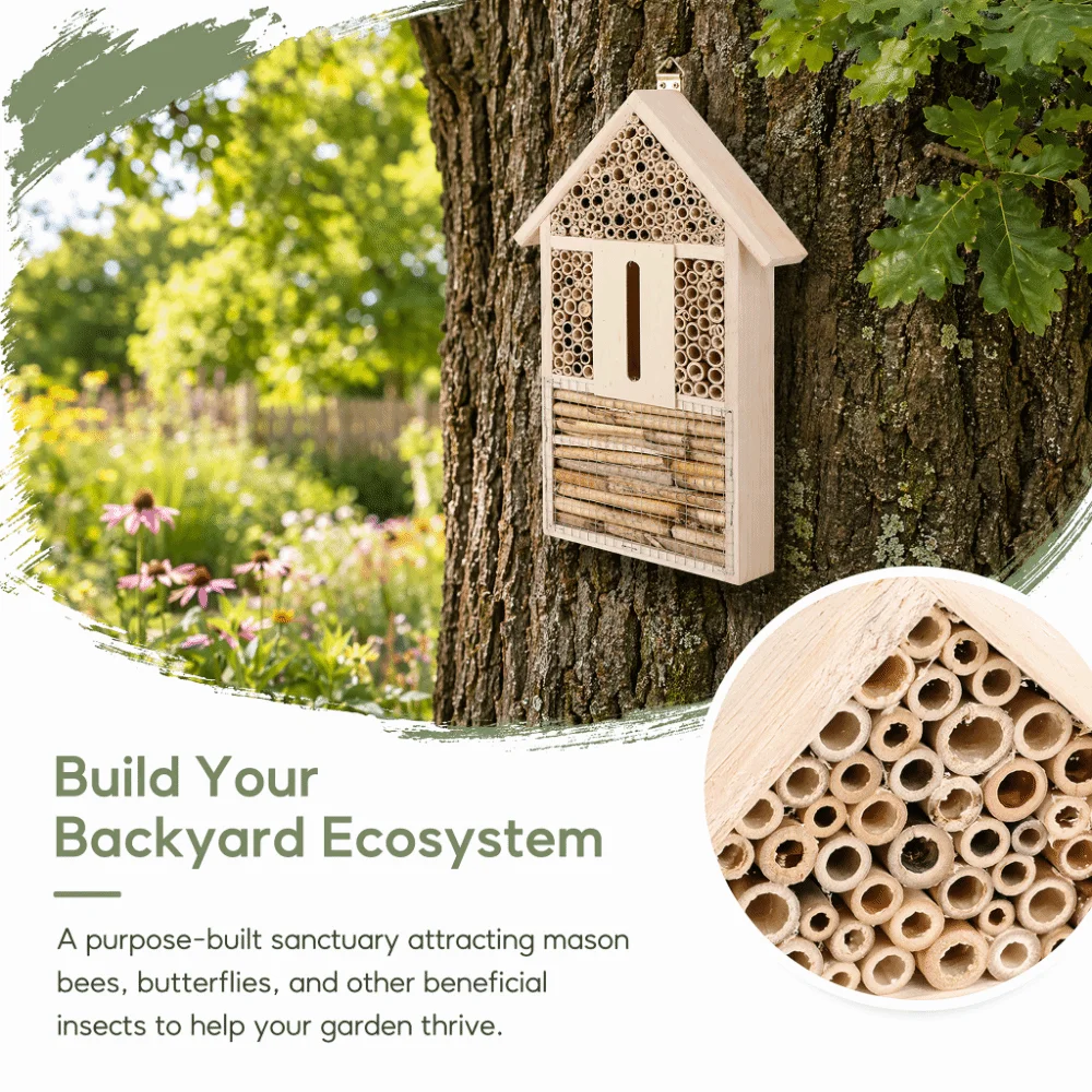 Candlenut Wood Wooden Small Garden Fauna House Unique Appearance Tubular Channels Bee House Non-Toxic Durable Insect Bee House
